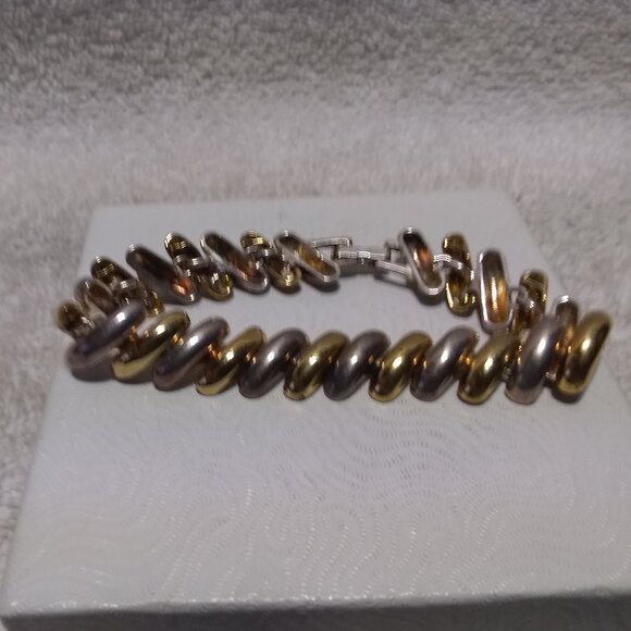 Fossil Silver Gold Half Circles Bangle Bracelet Good Usable Condition - Picture 1 of 7